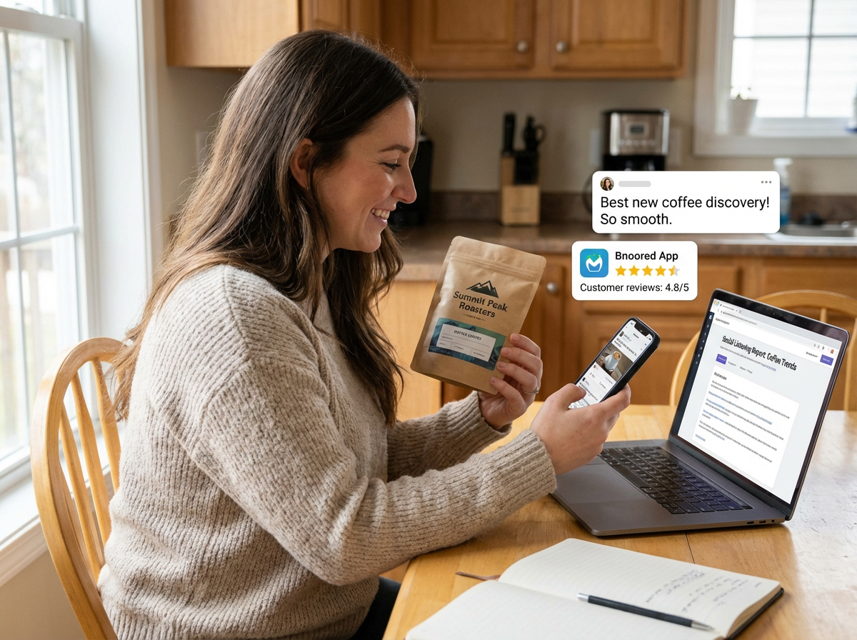 Firefly_Gemini Flash_Consumer holding a product and reading reviews and social listing to resonate with it 714900
