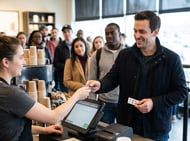 Firefly_Gemini Flash_repeated buying of a product; a man in focus and people in the background; dont show 140511